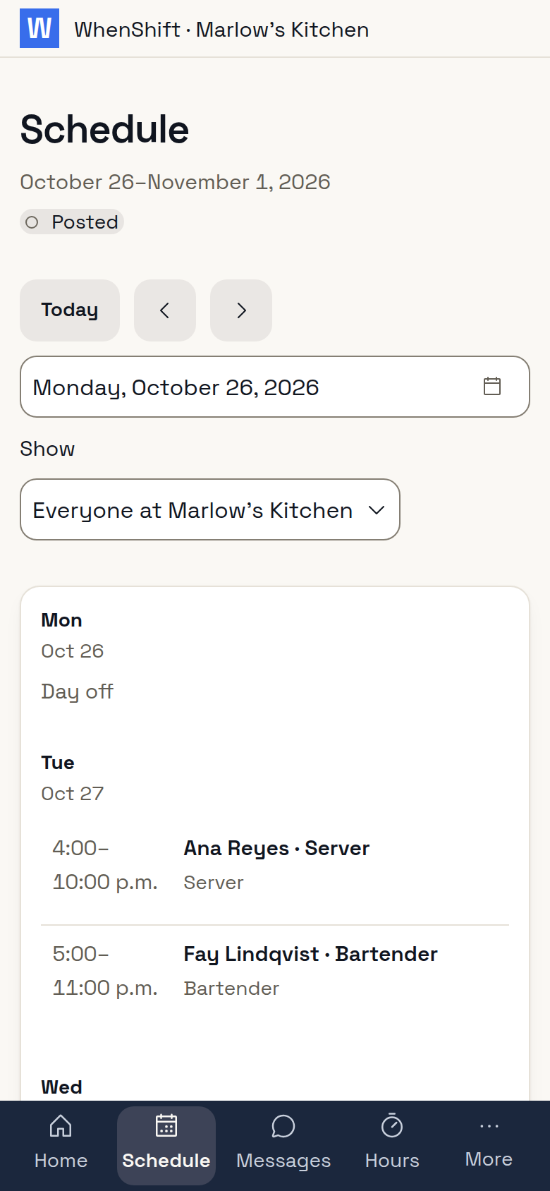 A worker's shifts and co-workers' shifts at their location, open in a phone's browser