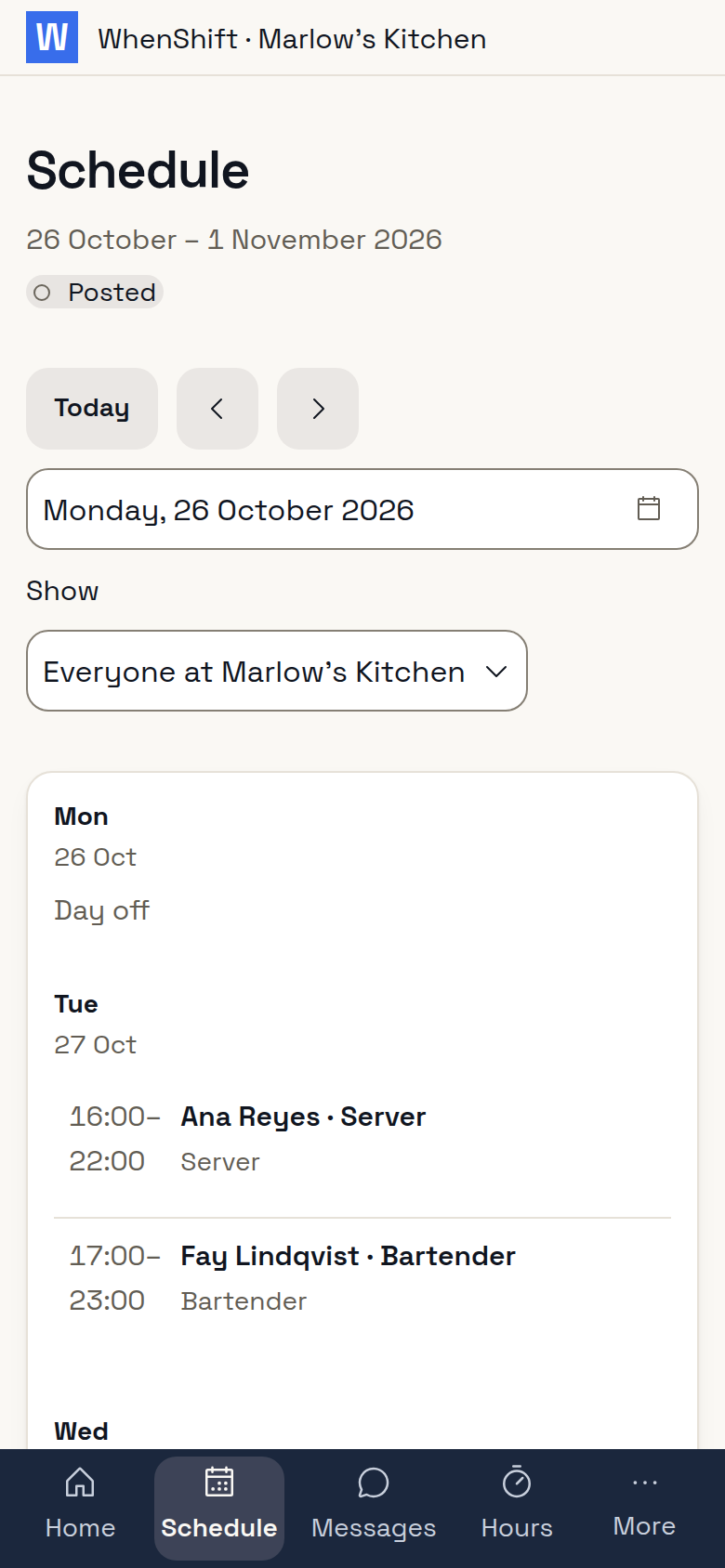 A worker's shifts and co-workers' shifts at their location, open in a phone's browser