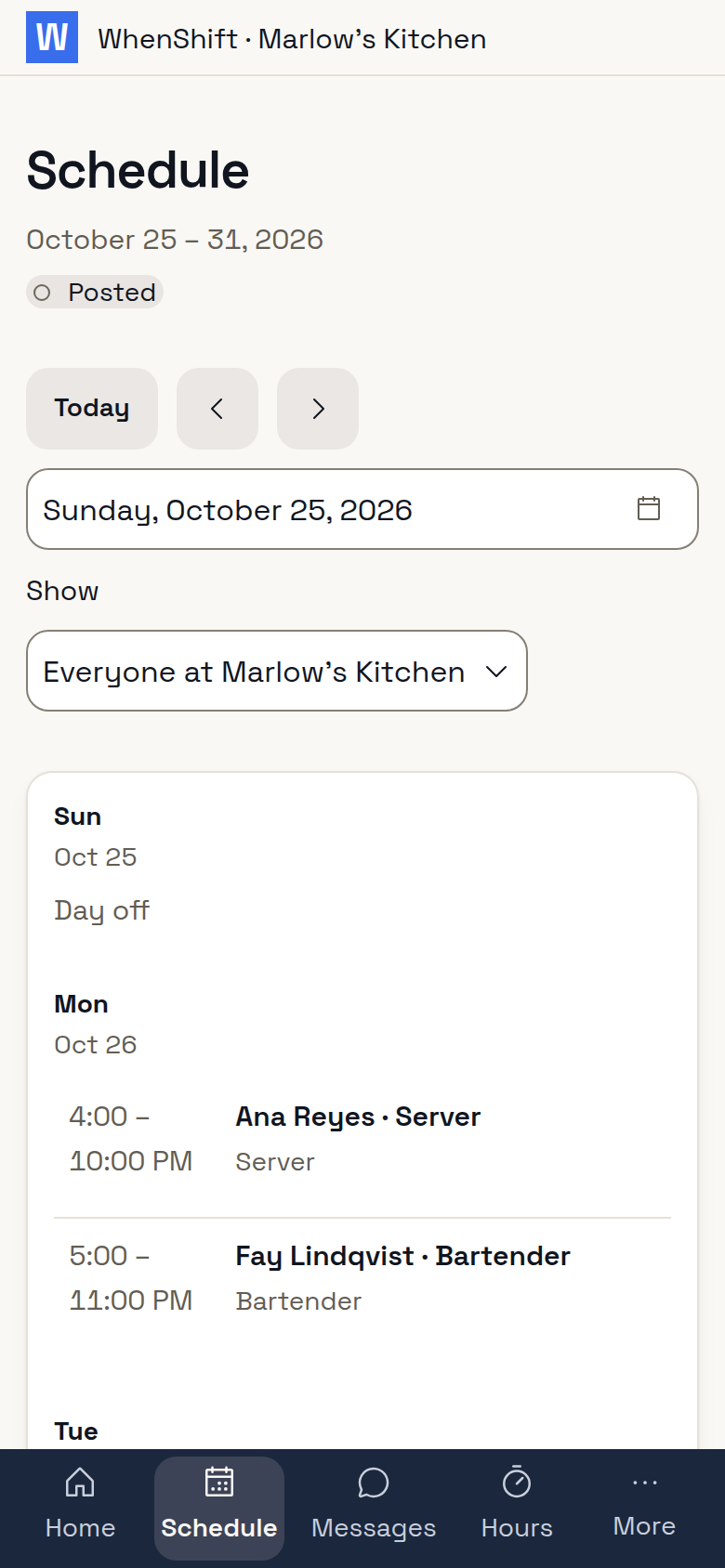 A worker's shifts and co-workers' shifts at their location, open in a phone's browser